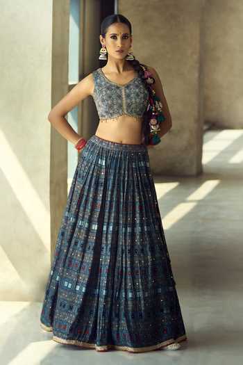 Buy_Samyukta Singhania_Blue Organza, Satin, Viscose, Modal Tassels Printed Lehenga Set With Dupatta 