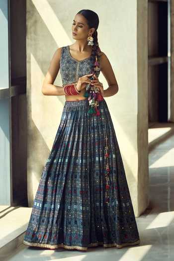 Shop_Samyukta Singhania_Blue Organza, Satin, Viscose, Modal Tassels Printed Lehenga Set With Dupatta 