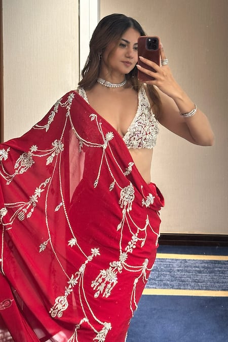 Shop_Dilnaz_Red Georgette, Polyester, Satin Embroidery, Pearls Saree _Online_at_Aza_Fashions
