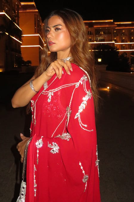 Shop_Dilnaz_Red Georgette, Polyester, Satin Embroidery, Pearls Saree 