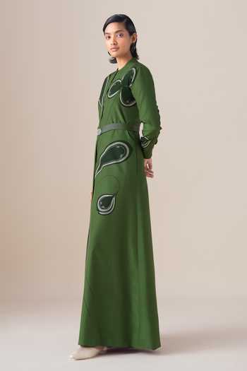 Ampm_Green Silk Mandarin Collar Saeeda Filigree Pattern Jacket With Belt _Online_at_Aza_Fashions