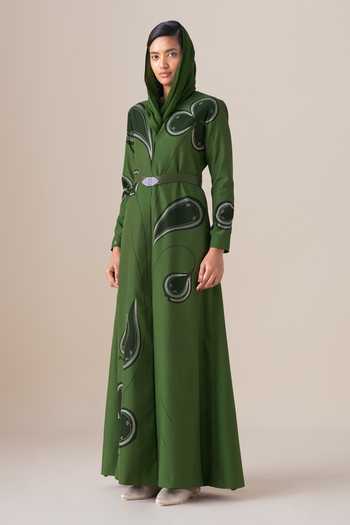 Buy_Ampm_Green Silk Mandarin Collar Saeeda Filigree Pattern Jacket With Belt _Online_at_Aza_Fashions