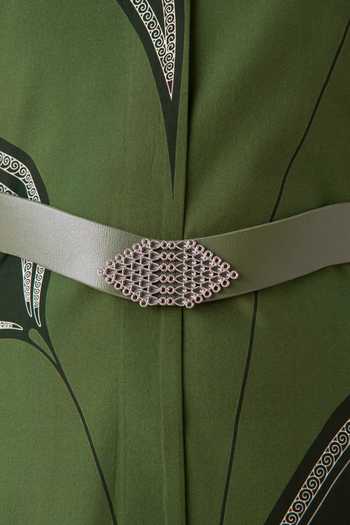 Ampm_Green Silk Mandarin Collar Saeeda Filigree Pattern Jacket With Belt _at_Aza_Fashions