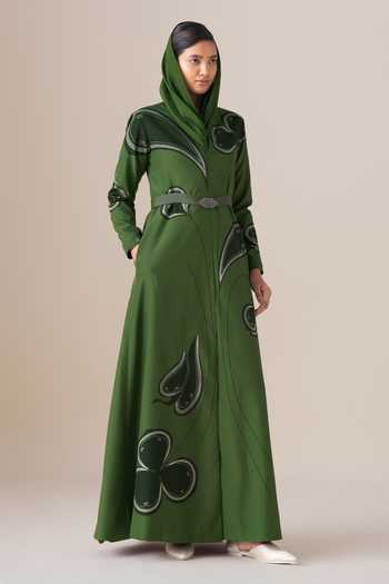 Buy_Ampm_Green Silk Mandarin Collar Saeeda Filigree Pattern Jacket With Belt 