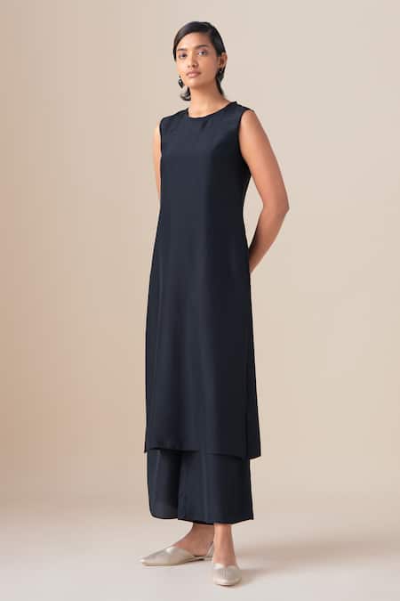 Ampm_Black Silk Mazira Long Jacket And Palazzo Set _Online_at_Aza_Fashions