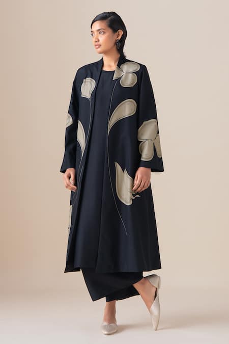 Shop_Ampm_Black Silk Mazira Long Jacket And Palazzo Set _Online_at_Aza_Fashions