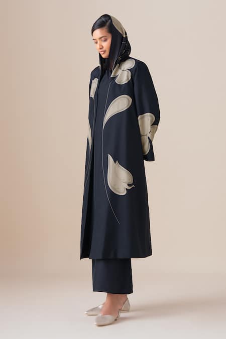 Ampm_Black Silk Mazira Long Jacket And Palazzo Set _at_Aza_Fashions