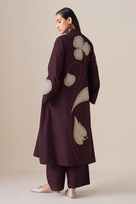 Ampm Burgundy Silk Open , Round Mazira Long Jacket And Palazzo Set Online at Aza Fashions Ampm_Burgundy Silk Open , Round Mazira Long Jacket And Palazzo Set _Online_at_Aza_Fashions