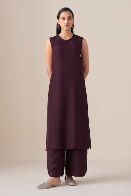 Shop Ampm Burgundy Silk Open , Round Mazira Long Jacket And Palazzo Set Online at Aza Fashions Shop_Ampm_Burgundy Silk Open , Round Mazira Long Jacket And Palazzo Set _Online_at_Aza_Fashions