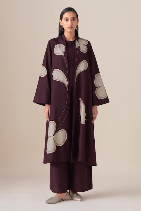 Ampm Burgundy Silk Open , Round Mazira Long Jacket And Palazzo Set at Aza Fashions Ampm_Burgundy Silk Open , Round Mazira Long Jacket And Palazzo Set _at_Aza_Fashions