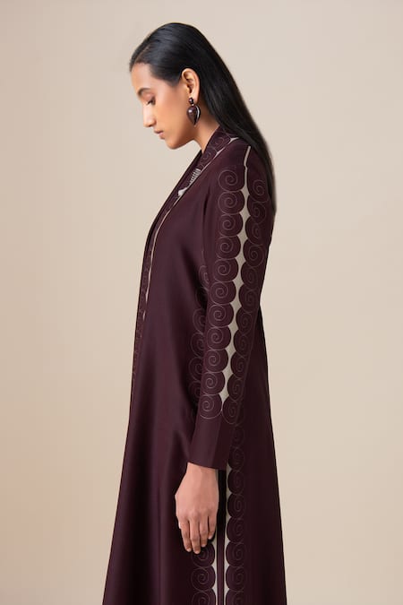 Ampm_Burgundy Chanderi Embroidery V-, Shawl Afira Jacket And Maxi Dress Set _Online_at_Aza_Fashions