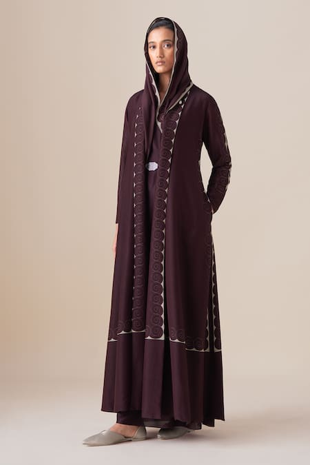 Shop_Ampm_Burgundy Embroidery Anah Silk Scarf _Online_at_Aza_Fashions