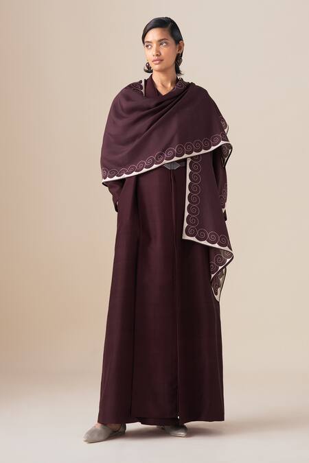 Ampm_Burgundy Embroidery Anah Silk Scarf _at_Aza_Fashions