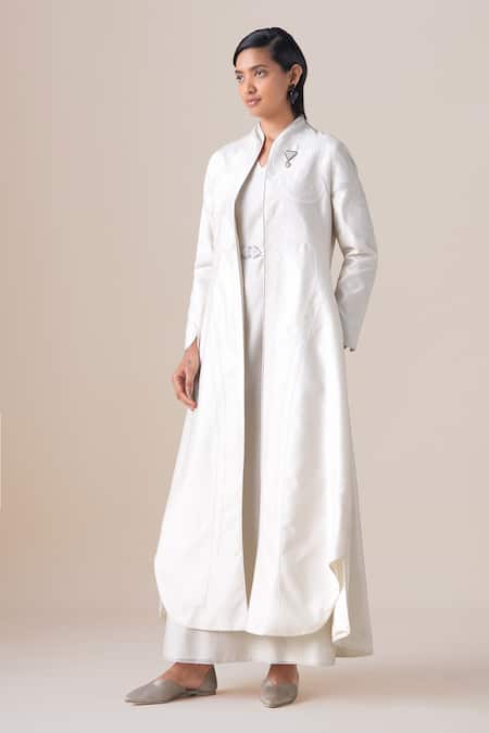 Ampm_Ivory Chanderi Pearls, Brooches, Buckles V-neck Aluna Jacket And Maxi Dress Set _Online_at_Aza_Fashions