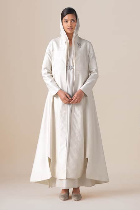 Ampm_Ivory Chanderi Pearls, Brooches, Buckles V-neck Aluna Jacket And Maxi Dress Set _at_Aza_Fashions