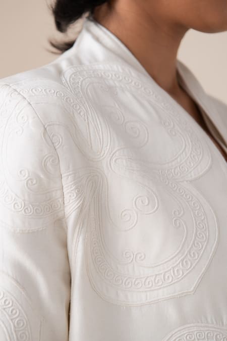 Shop_Ampm_Ivory Chanderi Pearls, Brooches, Buckles V-neck Aluna Jacket And Maxi Dress Set 