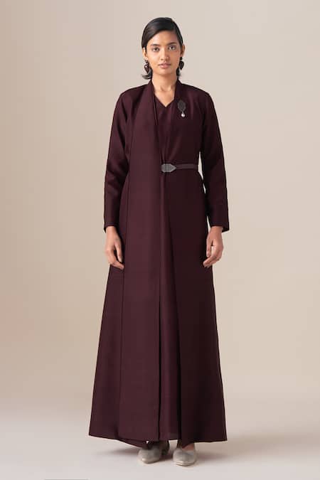 Ampm Burgundy Silk Brooches, Buckles Shawl Neck Rahma Jacket And Dress Set Online at Aza Fashions Ampm_Burgundy Silk Brooches, Buckles Shawl Neck Rahma Jacket And Dress Set _Online_at_Aza_Fashions