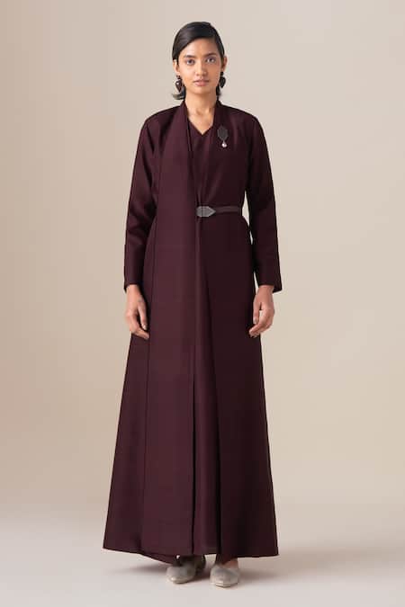 Shop Ampm Burgundy Silk Brooches, Buckles Shawl Neck Rahma Jacket And Dress Set Online at Aza Fashions Shop_Ampm_Burgundy Silk Brooches, Buckles Shawl Neck Rahma Jacket And Dress Set _Online_at_Aza_Fashions