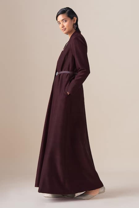 Ampm Burgundy Silk Brooches, Buckles Shawl Neck Rahma Jacket And Dress Set at Aza Fashions Ampm_Burgundy Silk Brooches, Buckles Shawl Neck Rahma Jacket And Dress Set _at_Aza_Fashions