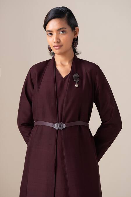 Buy Ampm Burgundy Silk Brooches, Buckles Shawl Neck Rahma Jacket And Dress Set Buy_Ampm_Burgundy Silk Brooches, Buckles Shawl Neck Rahma Jacket And Dress Set