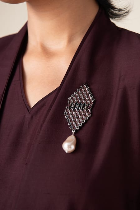 Shop Ampm Burgundy Silk Brooches, Buckles Shawl Neck Rahma Jacket And Dress Set Shop_Ampm_Burgundy Silk Brooches, Buckles Shawl Neck Rahma Jacket And Dress Set