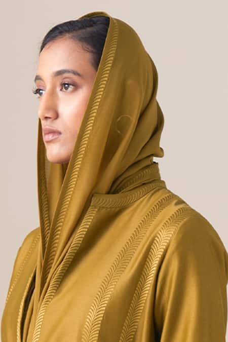 Ampm_Mustard Embroidery Qabil Silk Scarf _Online_at_Aza_Fashions