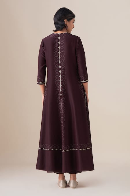 Shop_Ampm_Burgundy Silk, Cotton, Chanderi V-neck Meher A-line Kurta Palazzo Set _Online_at_Aza_Fashions
