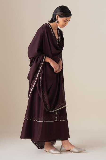Buy_Ampm_Burgundy Silk, Cotton, Chanderi V-neck Meher A-line Kurta Palazzo Set 