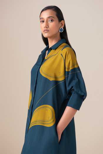 Ampm_Blue Silk Collared Filigree Pattern Tunic And Pant Set _Online_at_Aza_Fashions