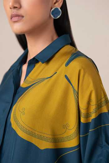 Shop_Ampm_Blue Silk Collared Filigree Pattern Tunic And Pant Set _Online_at_Aza_Fashions