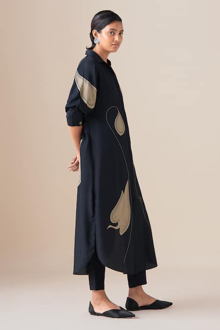 Buy Ampm Black Silk Collared Filigree Pattern Kurta Set Online at Aza Fashions Buy_Ampm_Black Silk Collared Filigree Pattern Kurta Set _Online_at_Aza_Fashions