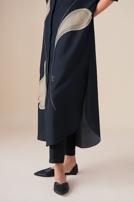 Ampm Black Silk Collared Filigree Pattern Kurta Set at Aza Fashions Ampm_Black Silk Collared Filigree Pattern Kurta Set _at_Aza_Fashions