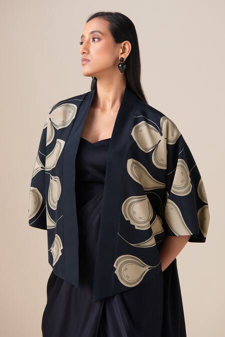 Shop_Ampm_Black Silk Zari Shawl Neck Sidra Jacket And Saree Gown Set _Online_at_Aza_Fashions