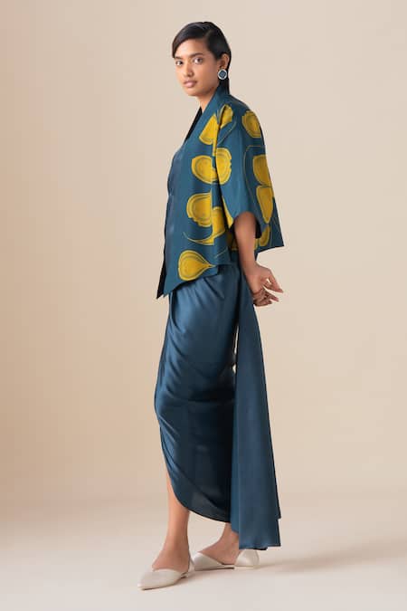 Ampm_Blue Silk Zari Shawl Neck Sidra Jacket And Saree Gown Set _Online_at_Aza_Fashions