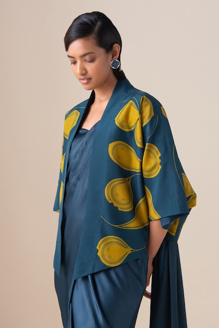 Shop_Ampm_Blue Silk Zari Shawl Neck Sidra Jacket And Saree Gown Set _Online_at_Aza_Fashions
