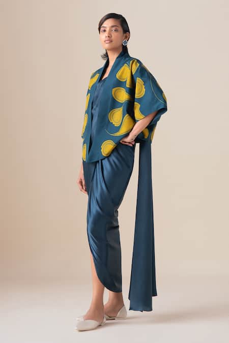 Ampm_Blue Silk Zari Shawl Neck Sidra Jacket And Saree Gown Set _at_Aza_Fashions