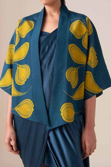 Buy_Ampm_Blue Silk Zari Shawl Neck Sidra Jacket And Saree Gown Set 