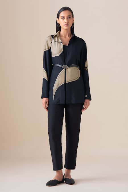 Ampm_Black Silk Buckles Collared, V-neck Arin Filigree Pattern Shirt  _Online_at_Aza_Fashions