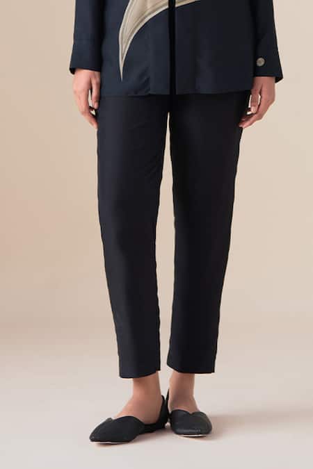 Buy_Ampm_Black Silk Buckles Collared, V-neck Arin Filigree Pattern Shirt  _Online_at_Aza_Fashions