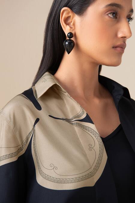 Shop_Ampm_Black Silk Buckles Collared, V-neck Arin Filigree Pattern Shirt  _Online_at_Aza_Fashions