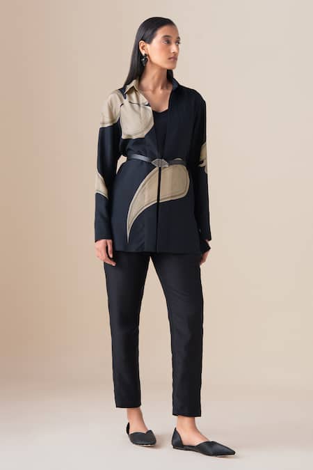 Ampm_Black Silk Buckles Collared, V-neck Arin Filigree Pattern Shirt  _at_Aza_Fashions