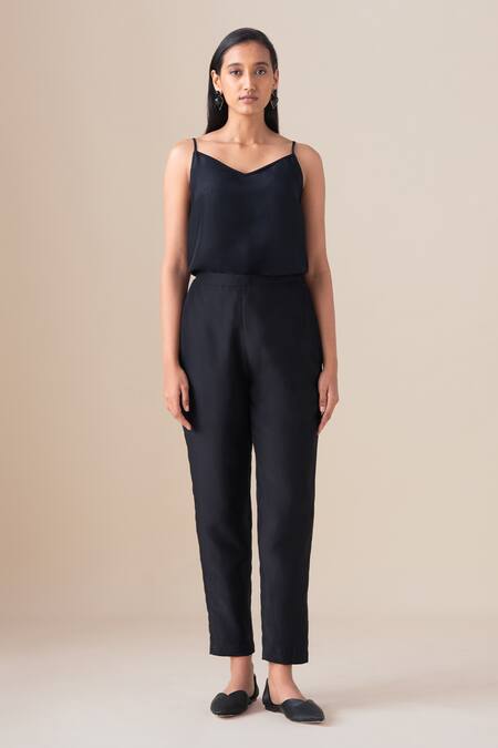 Buy_Ampm_Black Silk Buckles Collared, V-neck Arin Filigree Pattern Shirt  