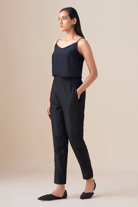 Shop_Ampm_Black Silk Buckles Collared, V-neck Arin Filigree Pattern Shirt  