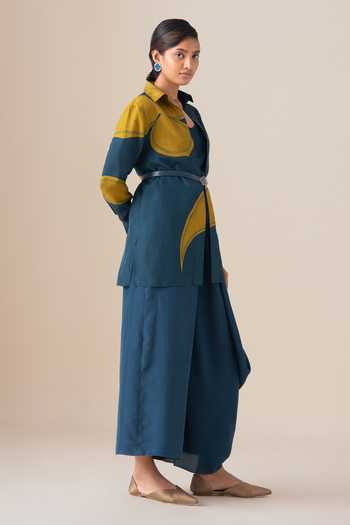 Ampm_Blue Silk Buckles Collared, V-neck Arin Filigree Habutai Shirt _Online_at_Aza_Fashions
