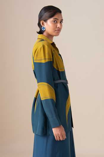 Buy_Ampm_Blue Silk Buckles Collared, V-neck Arin Filigree Habutai Shirt _Online_at_Aza_Fashions