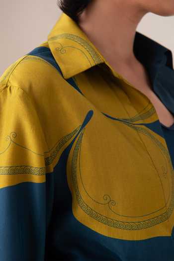 Shop_Ampm_Blue Silk Buckles Collared, V-neck Arin Filigree Habutai Shirt _Online_at_Aza_Fashions