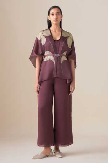Ampm_Pink Organza, Satin Buckles V-neck Veya Filigree Cape Palazzo Set _Online_at_Aza_Fashions