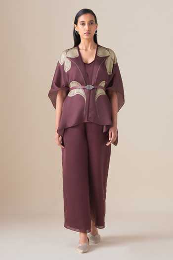Shop_Ampm_Pink Organza, Satin Buckles V-neck Veya Filigree Cape Palazzo Set _Online_at_Aza_Fashions