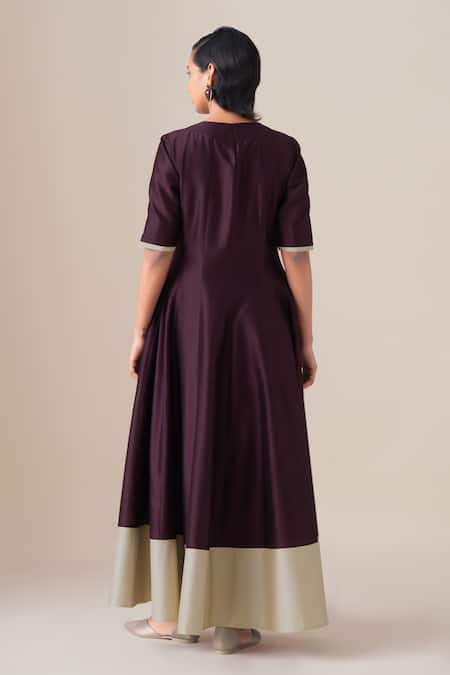 Buy_Ampm_Burgundy Chanderi Round Neck Omira Anarkali Pant Set _Online_at_Aza_Fashions
