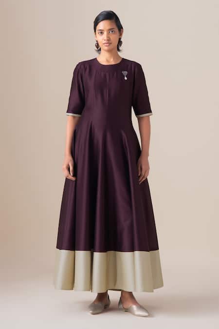 Shop_Ampm_Burgundy Chanderi Round Neck Omira Anarkali Pant Set _Online_at_Aza_Fashions